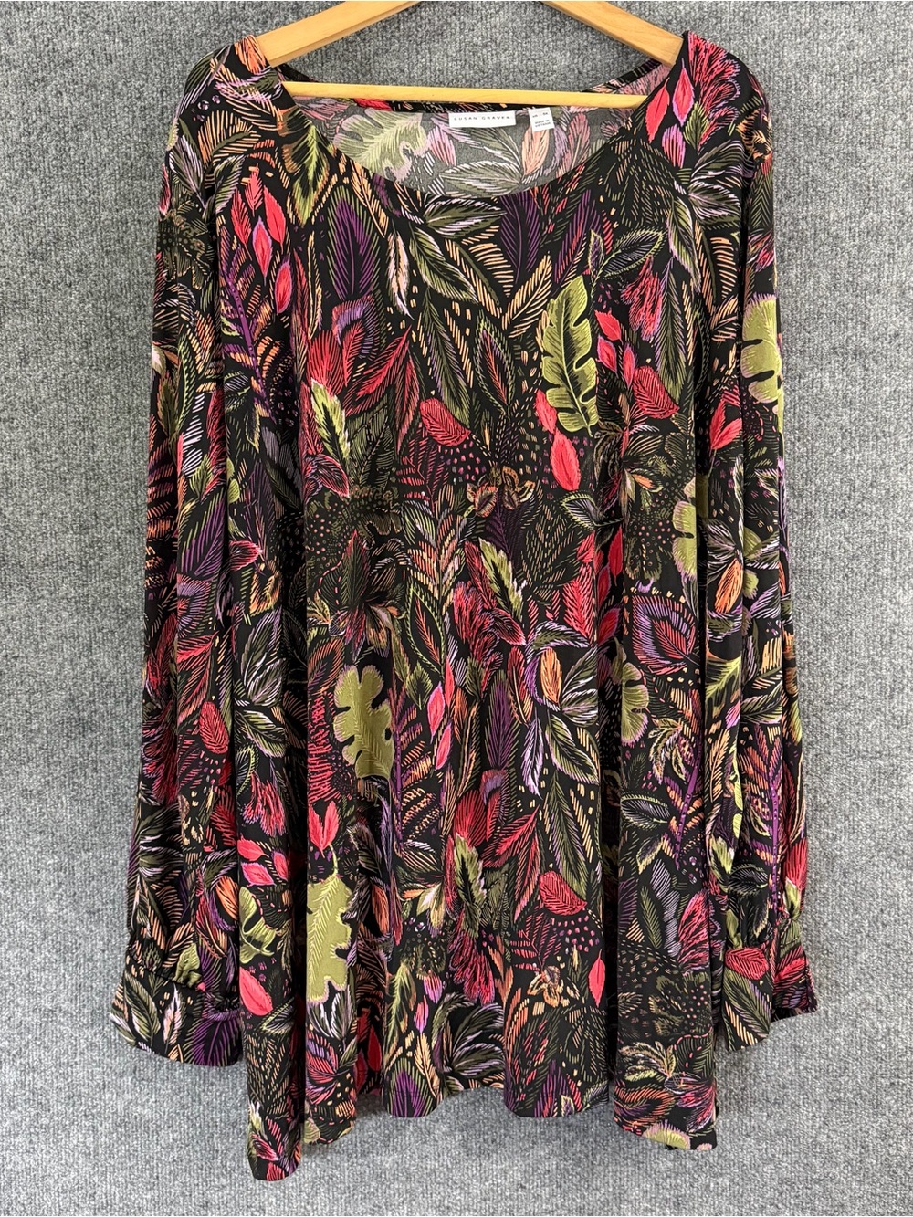 Susan Graver Womens 5X Tropical Botanical Leaf Liquid Knit Tunic Top Long Sleeve